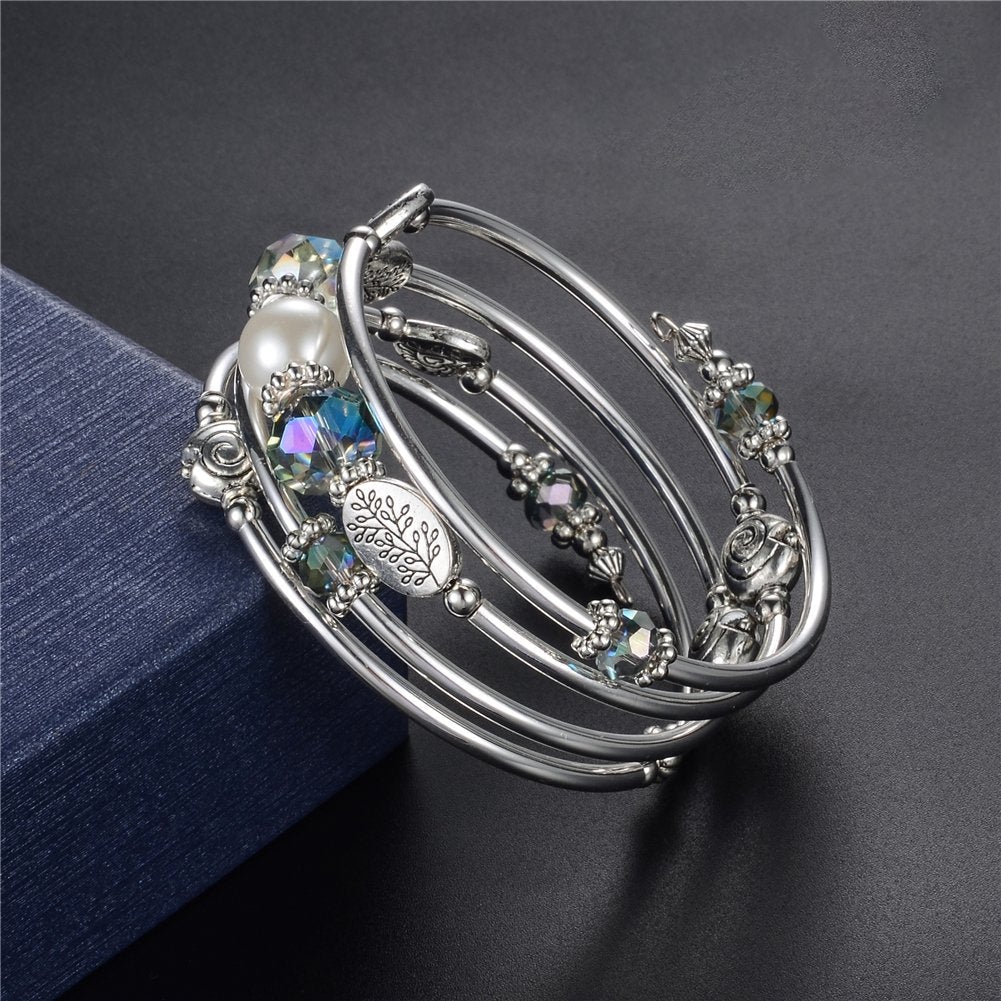 PEARL&CLUB Bead Crystal Wrap Bangle Bracelet - Fashion Jewelry Beaded Bracelet with Silver Metal, Gifts for Women(92-Green)