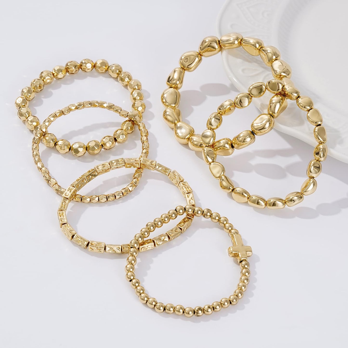 Sajidos Gold Plated Beaded Bracelets for Women Trendy, 14K Gold Plated Stack Cross Pearl Bead Stretch Bracelets Set Elastic Hypoallergenic Bracelets Jewelry Gifts (style15)