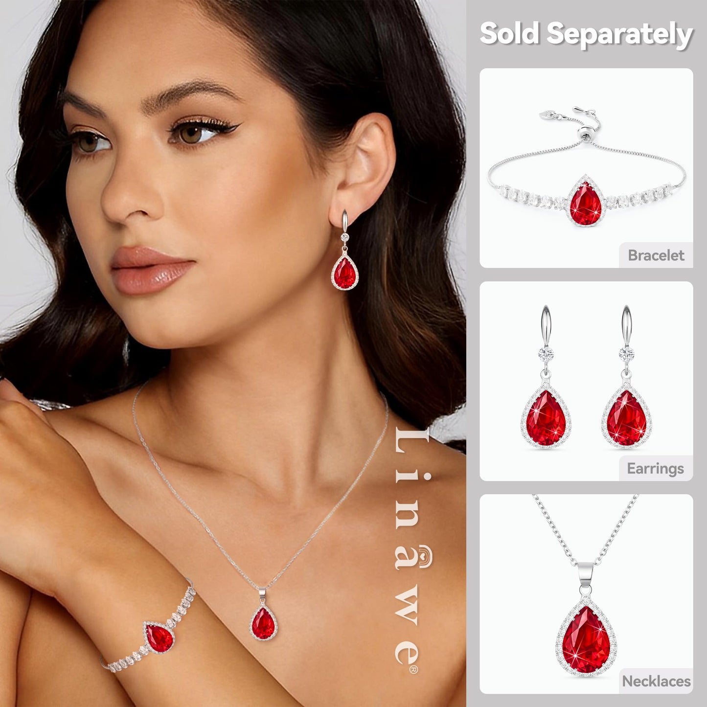 Linawe Silver Red Dangle Earrings for Women Trendy, Imitation Diamond Drop Teardrop Ruby Crystal Rhinestone Cubic Zirconia Wedding Earrings, Bride Bridesmaids Jewelry Set