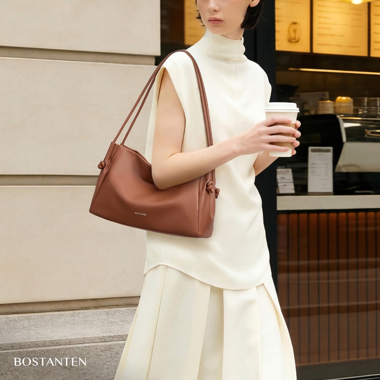 BOSTANTEN Shoulder Bag for Women Pebbled Vegan Leather Purses Soft Hobo Handbag Supple Bag for Travel Work Brown