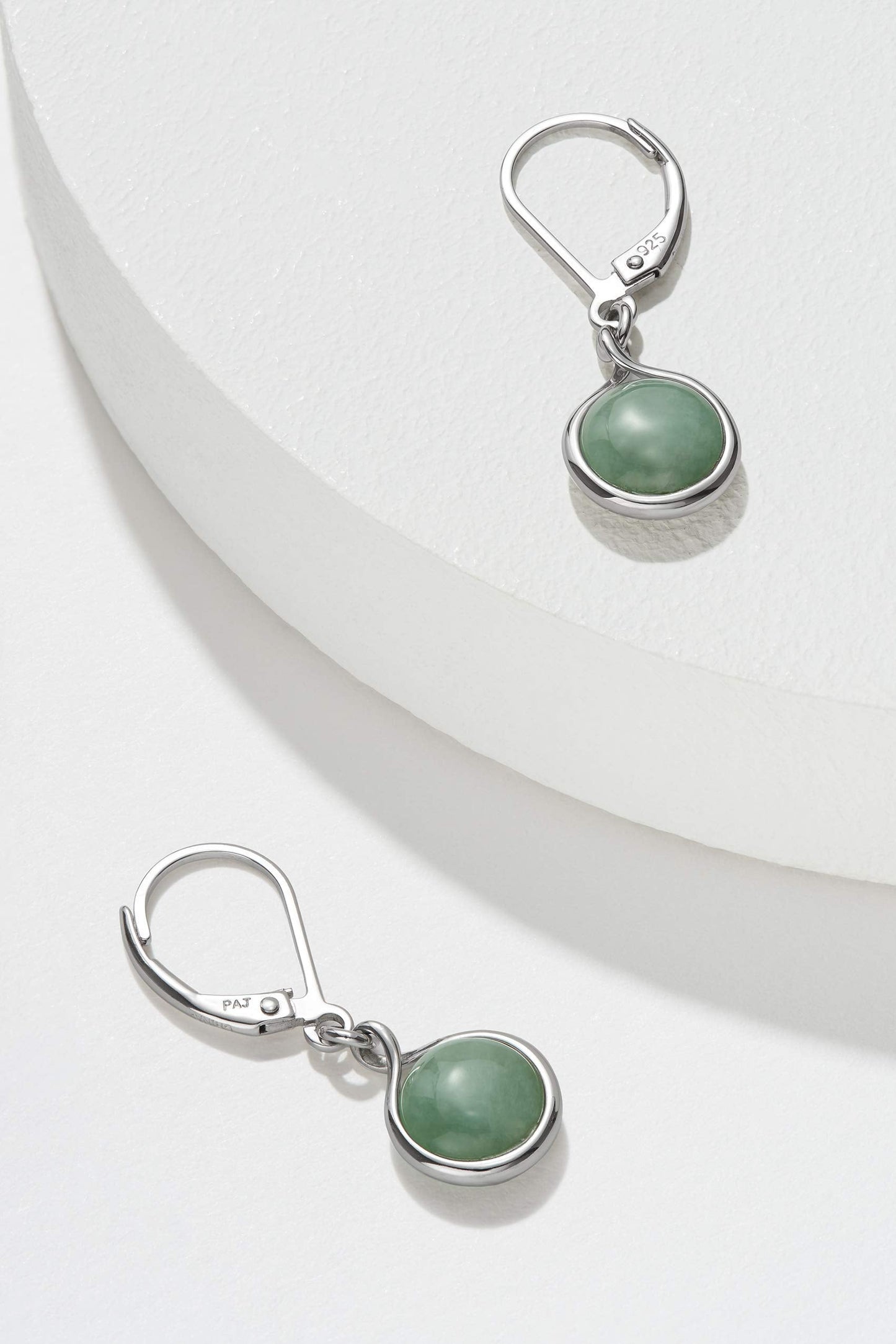 MORGAN & PAIGE .925 Sterling Silver Rhodium Plated Genuine Green Jade Bezel Set Round Leverback Earrings for Women - Hypoallergenic Dangle Sterling Silver Earrings, 1-1/8" Length