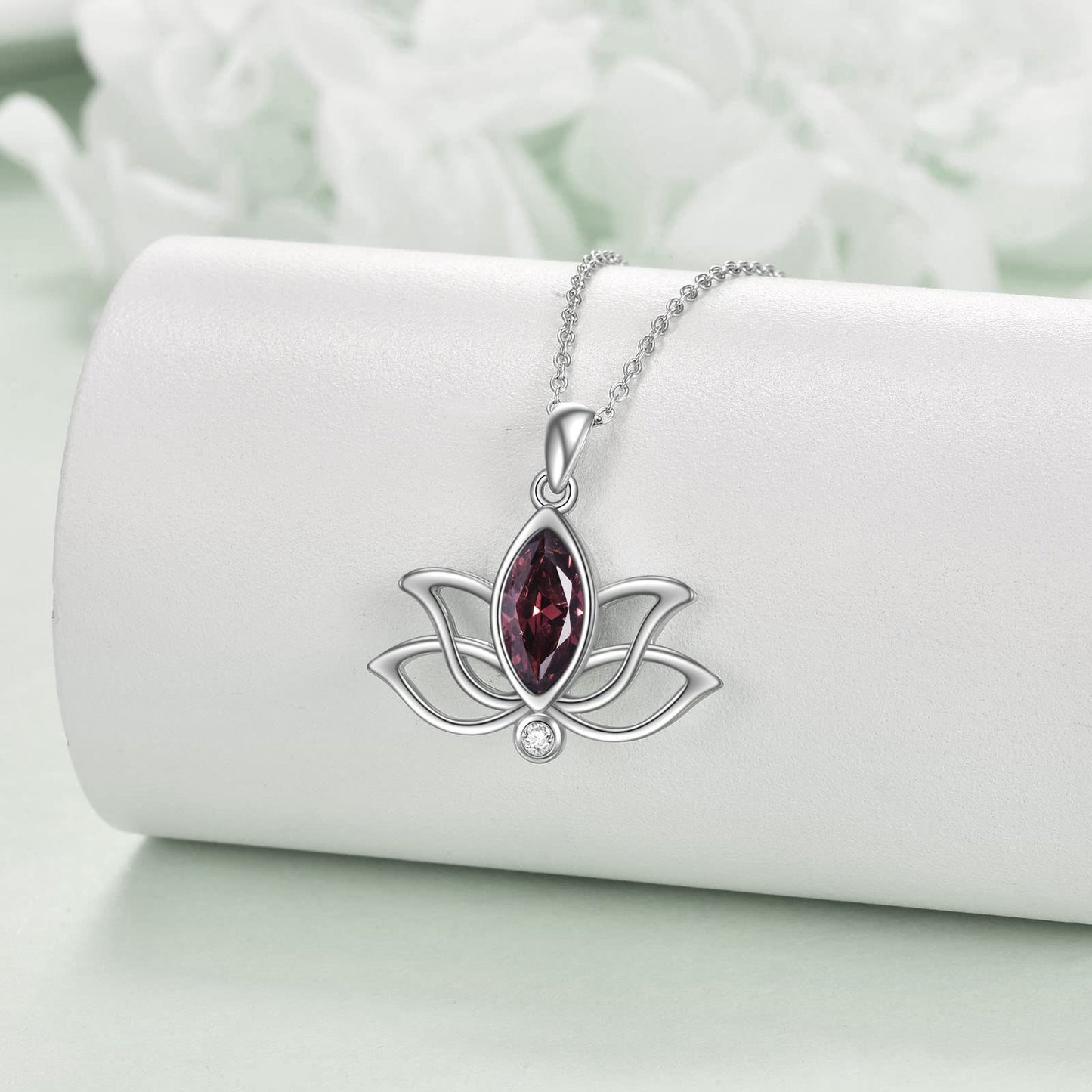 YFN Lotus Necklace Sterling Silver October Birthstone Pendant Created Pink Tourmaline Jewelry Gifts for Women (Oct)