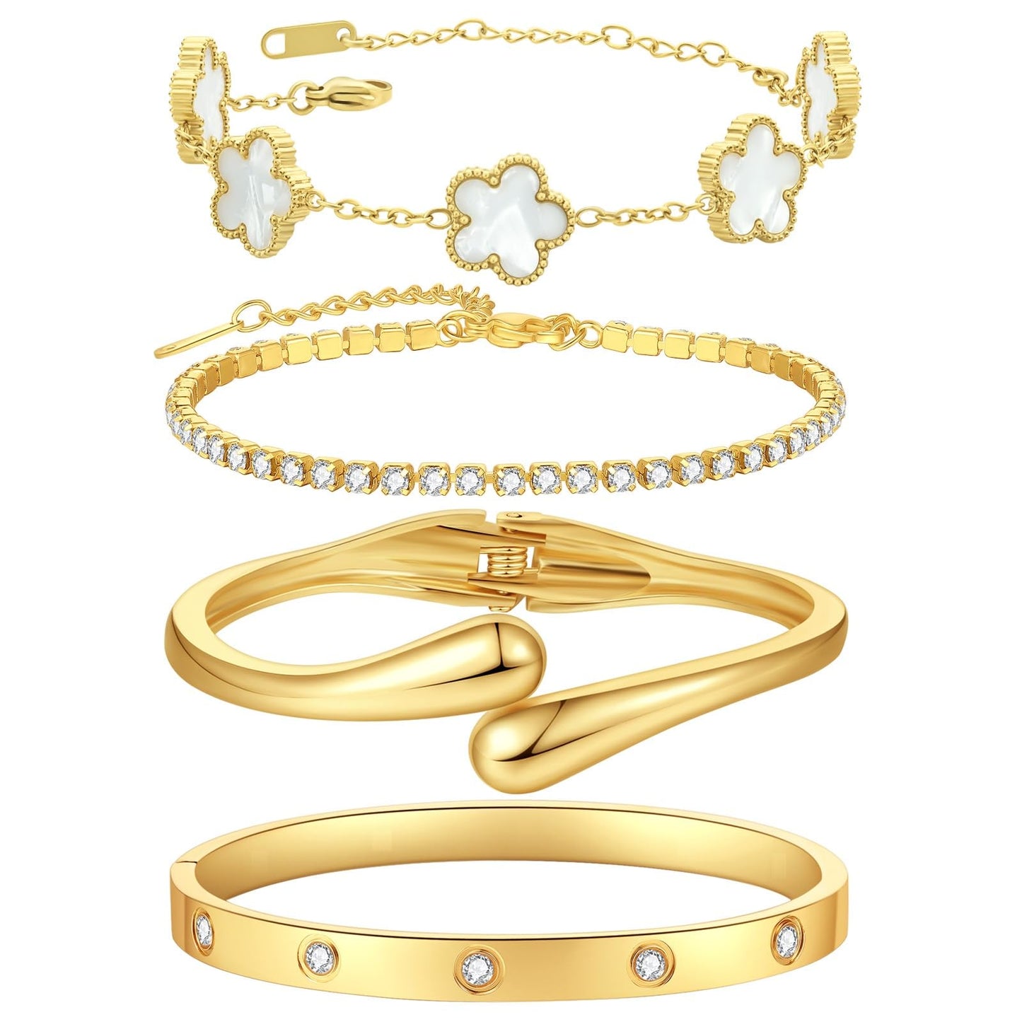 Mothers Day Gifts for Mom 18K Gold-Plated Bracelet Set – Floral Clover, Tennis, Chunky Adjustable Twist Cuff, Classic Gold-plated Bangle Stainless Steel, Non Tarnish, Stackable Bracelet Gift for Women