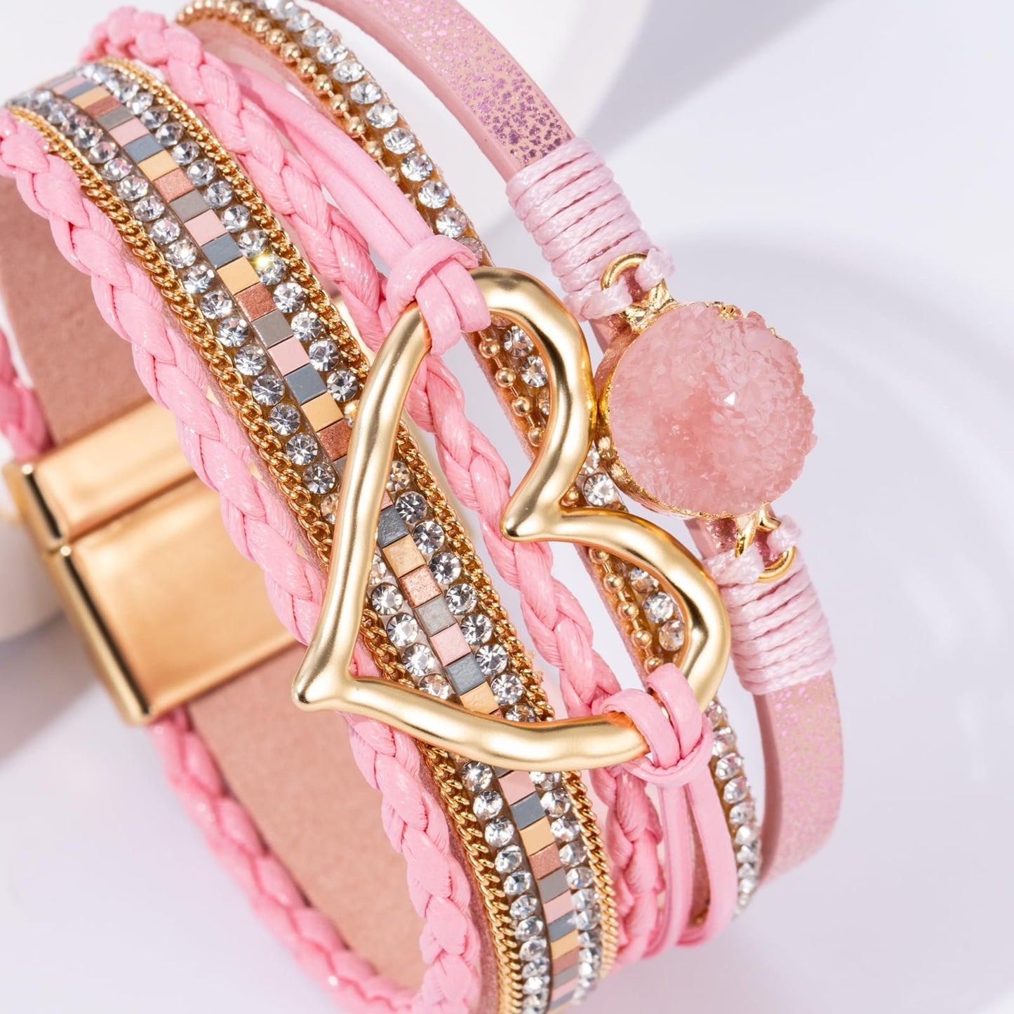 Becklynn Boho Leather Wrap Bracelets Beaded Crystal Stackable Cuff Bracelet with Magnetic Clasp Cowboy Cowgirl County Concert Outfits Western Jewelry Gifts for Women(Heart Pink)