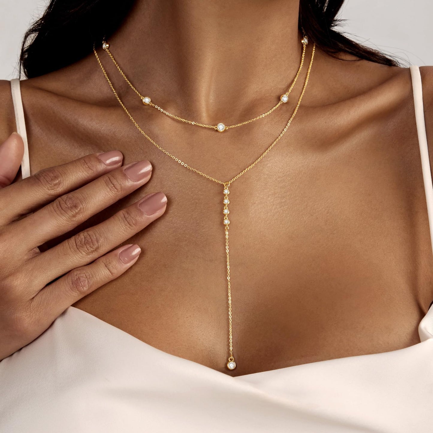 Airmb Lariat Gold Necklace for Women, Dainty Long Necklace 14k Gold Plated Layered CZ Beaded Chain Y-Shaped Body Chain Stack Drop Wedding Necklaces Trendy Simple Jewelry Gifts