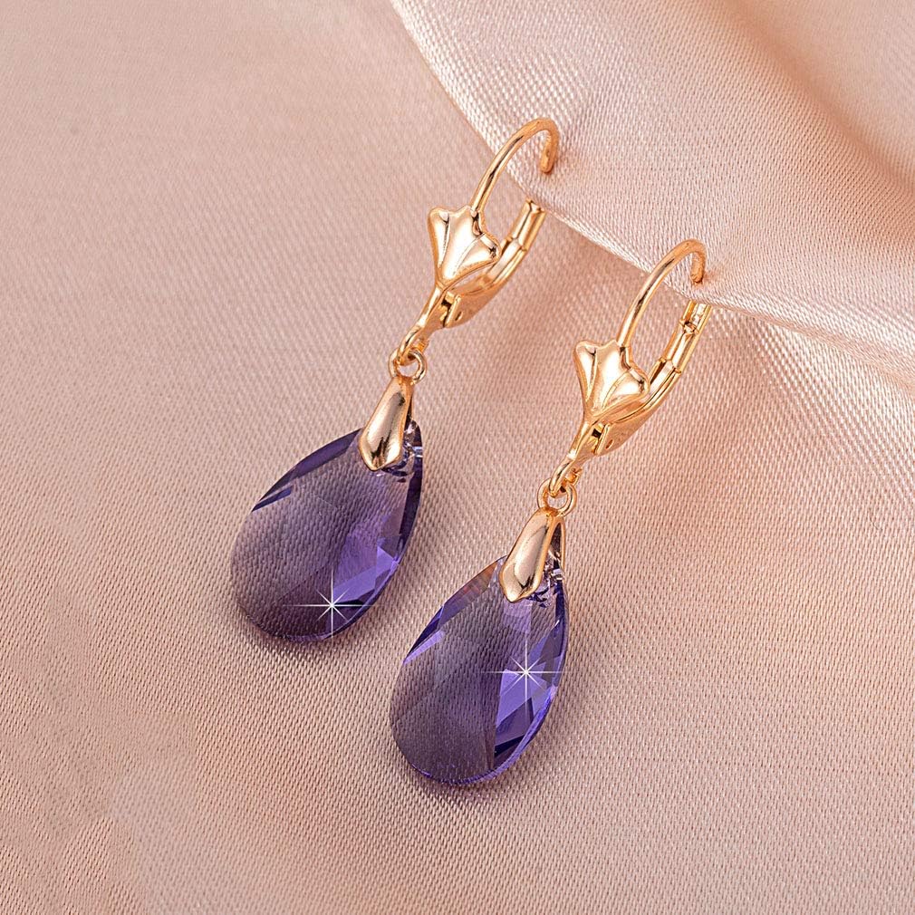 Austrian Crystal Teardrop Leverback Dangle Earrings for Women Fashion 14K Gold Plated Hypoallergenic Jewelry (Tanzanite)