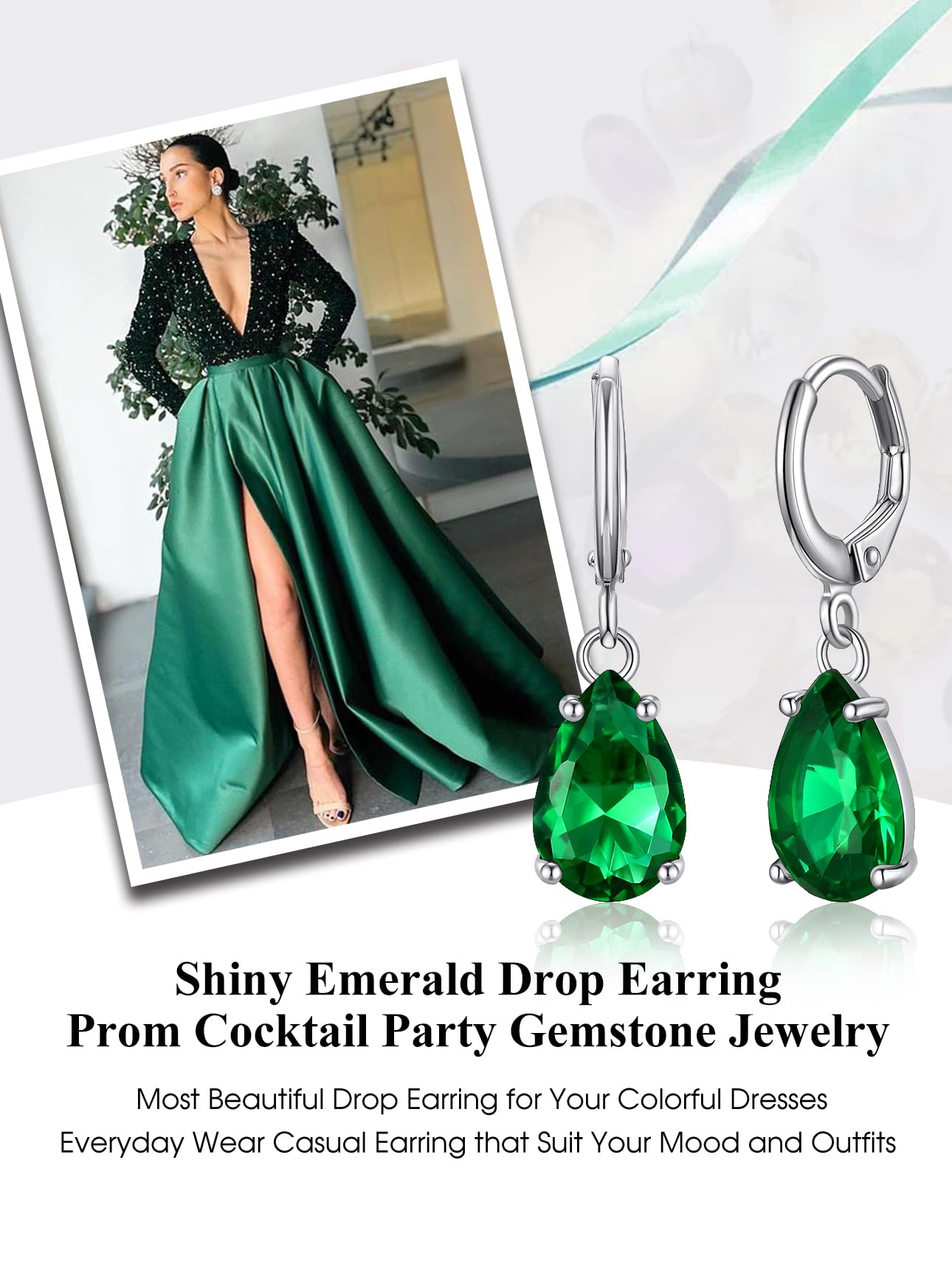 Bestyle Green Emerald Teardrop Earring with Hypoallergneic Silver Huggie Hoops - Shimmer May Birthstone Dangles Silver Earring for Women - Dainty Cute Earrings for Mom Wife Grandma