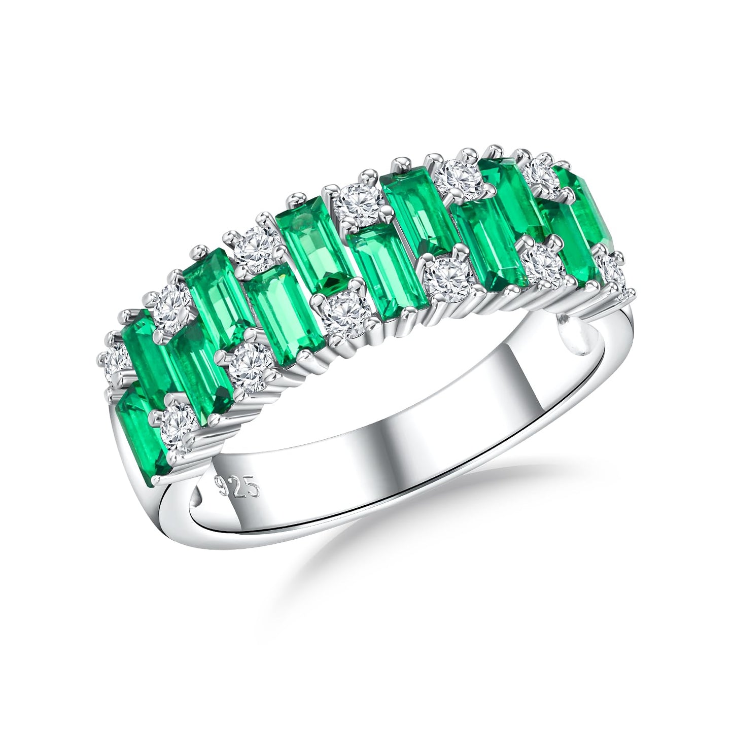RANDES Emerald Baguette Band Rings for Women 7mm Wide Band Emerald Ring 925 Sterling Silver Green Ring Half Eternity Wedding Band Size 10