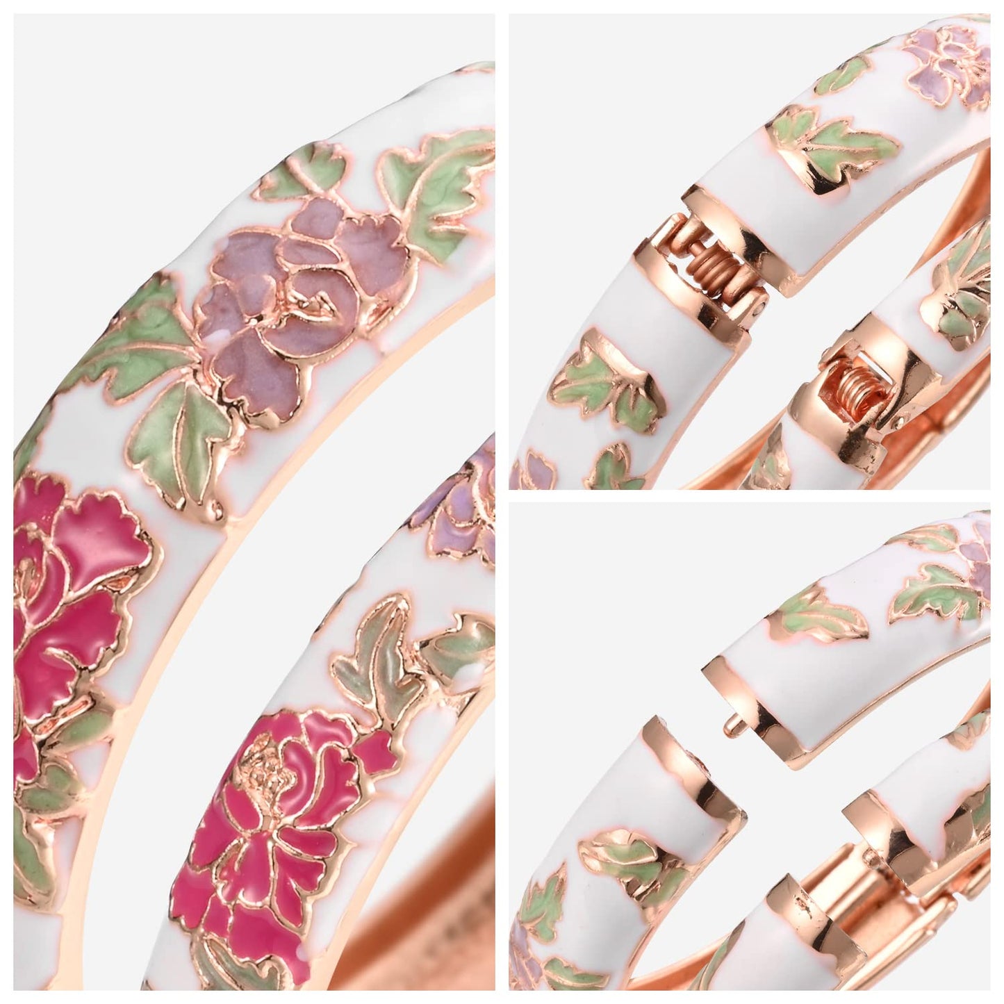 UJOY Vintage Handcraft Jewelry Cloisonne Bracelet Enamel Floral Spring Hinged Gold Plated Womens Bangles Gifts Box 55C48-55A113 White