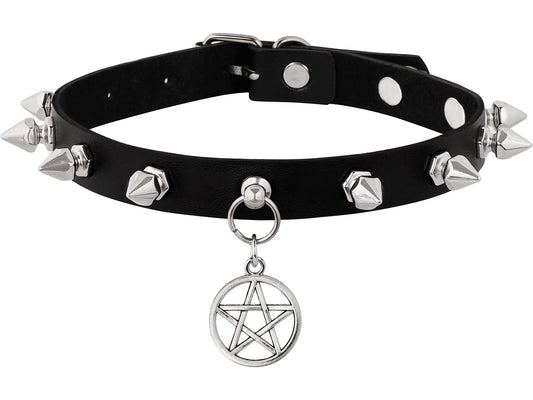Sacina Gothic Punk Pentagram Star Spiked Choker, Black PU Leather Necklace, Goth Punk Jewelry, Halloween Christmas Jewelry Gift for Women