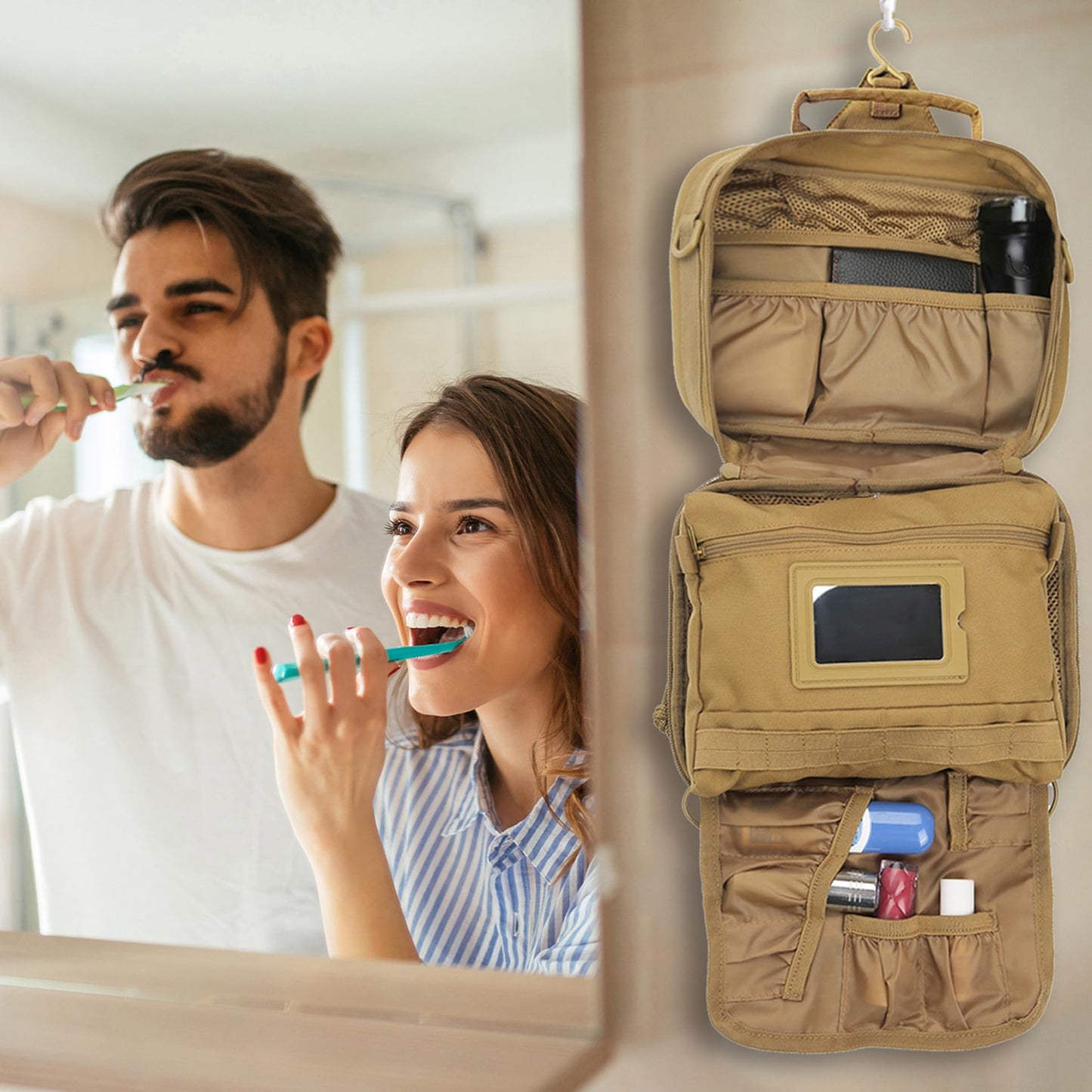 SMONT Tactical Toiletry Bag for Men Travel, Hanging Dopp Kit Shaving Hygiene Bag for Traveling Bathroom Brown