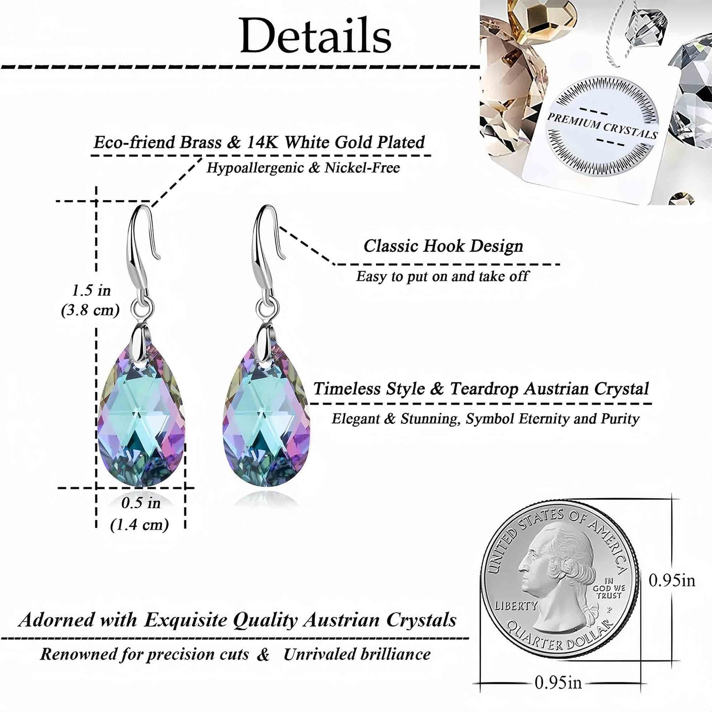 Austrian Crystal Teardrop Dangle Hook Earrings for Women 14K Gold Plated Hypoallergenic Jewelry (Vitrail Light)