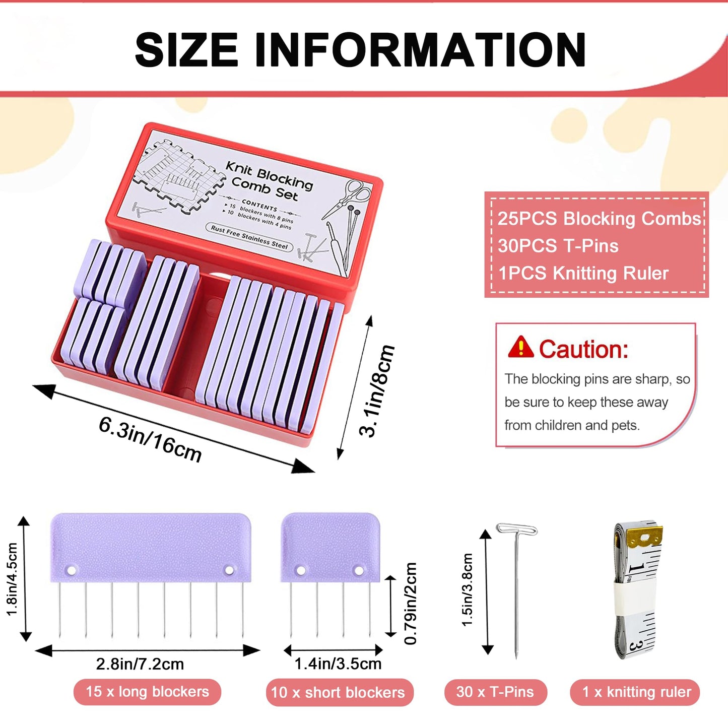 Knit Blockers Pins Kit, 25Pcs Knit Blocking Combs & 30 T-pins for Knitting Blocking Board Mats, Crochet Knitting Pins for Crochet Projects Sewing Lace Needlework Projects Tool (Purple)