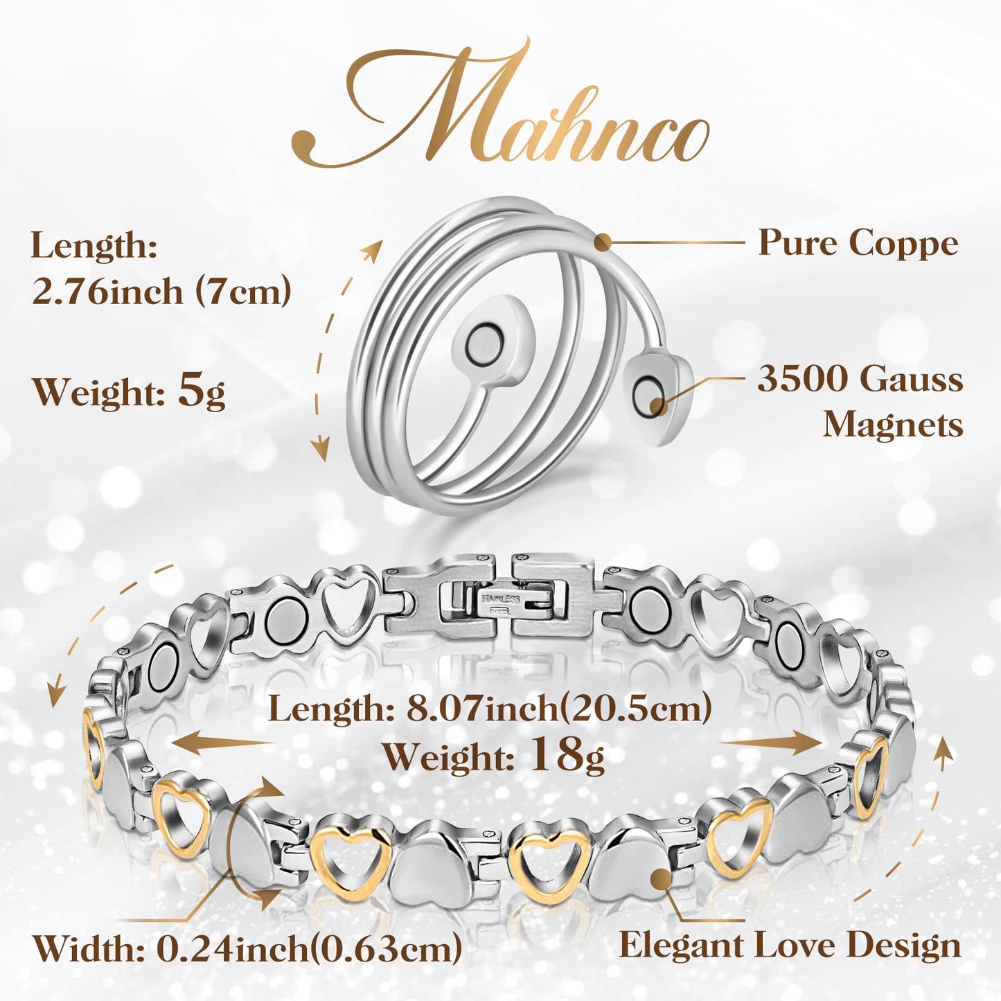 Mahnco Lymph Detox Magnetic Bracelet, Titanium Bracelet for Women, Lymphatic Drainage Ring&Bracelet with 3500 Gauss Magnets-Jewelry Gift Set with Adjustment Tool