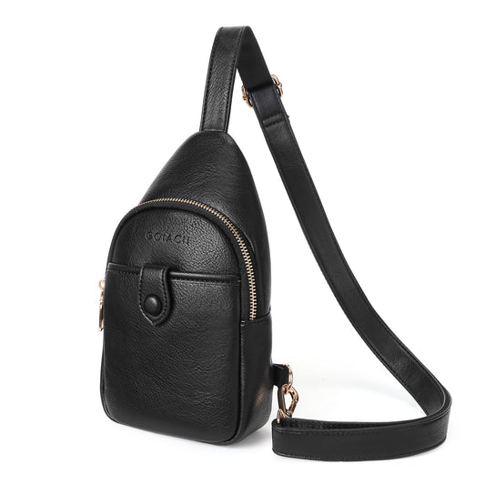GOIACII Sling Bag for Women Men Leather Fanny Pack Chest Bags for Travel Sport Small Purse Crossbody Black