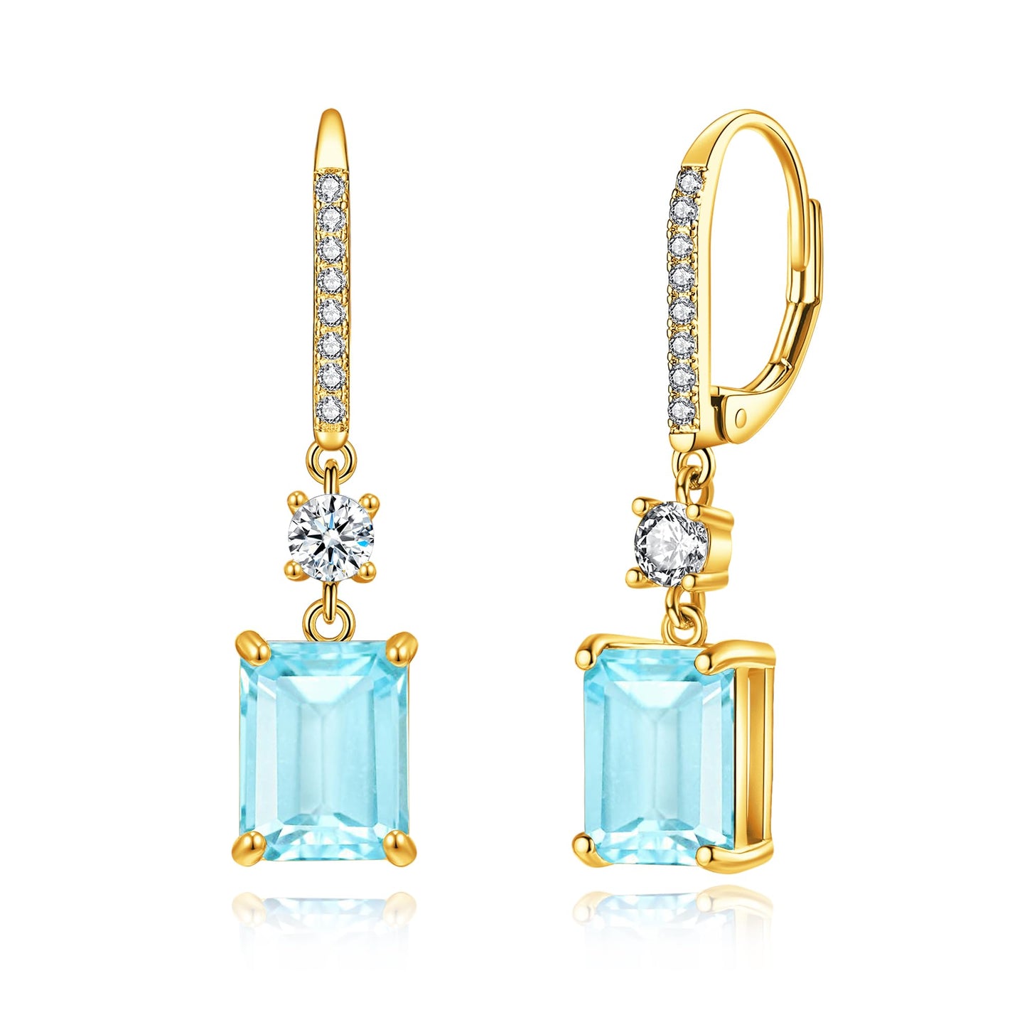 CiNily Leverback Earrings for Women Rectangular-cut Drop Dangle Earring Hypoallergenic, 14K Gold Plated Aquamarine Cubic Zircon Earrings Diamond Dangle Ear Rings Jewelry Birthday