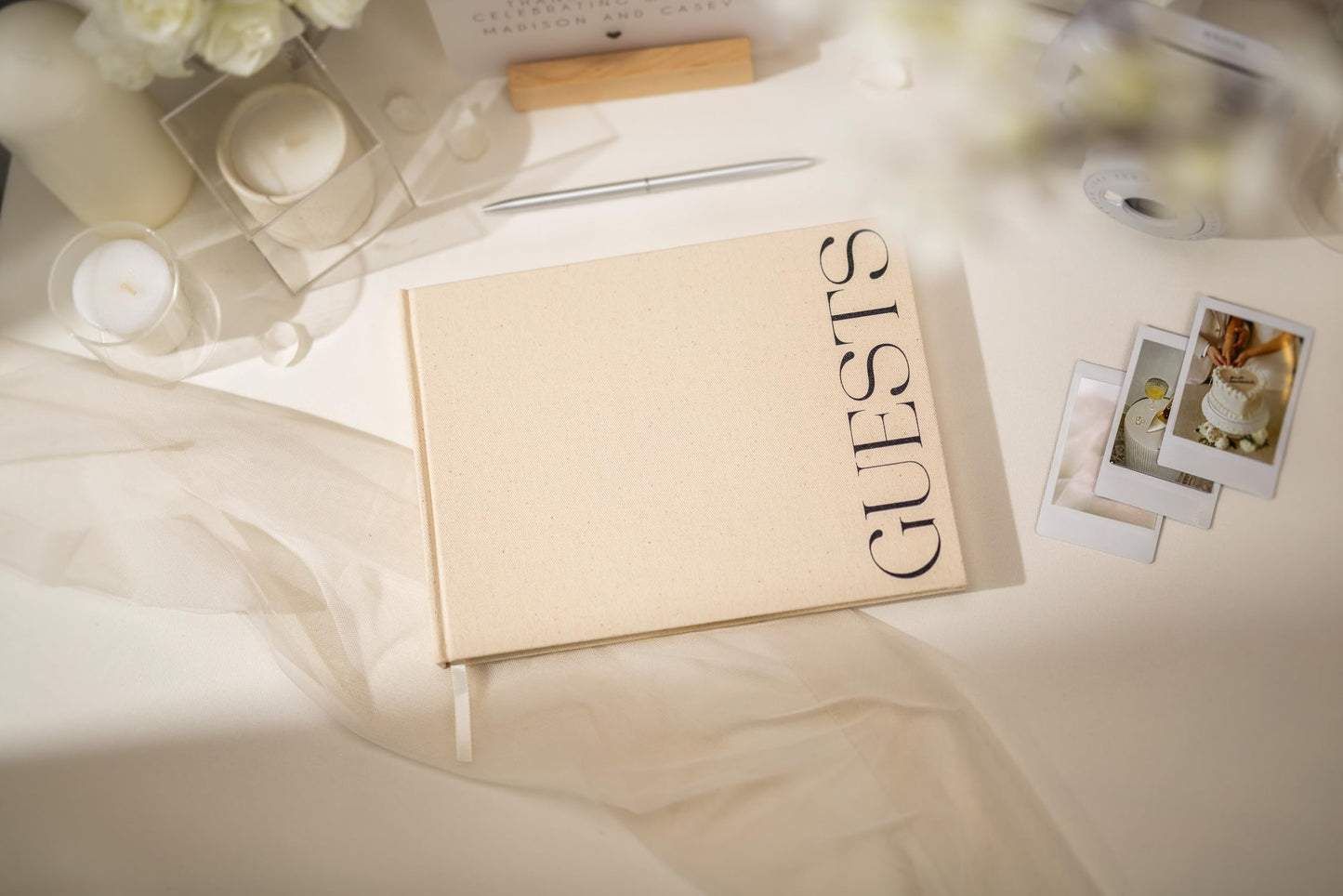Modern Album Designs Cream Guest Book with Black Sticker Sheets for Photos - 9.5 x 7 Real Linen Hardcover Guestbook for Wedding Ceremony Reception Signin, to Add Polaroid & Write Messages