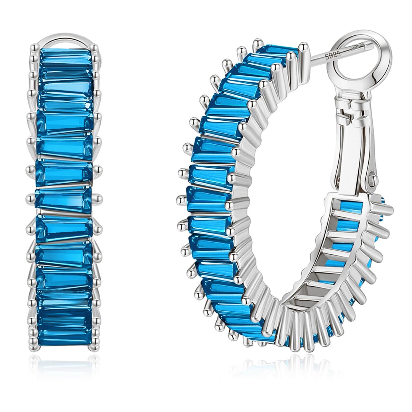 GLOQUAT Sky Blue Crystal Hoop Earrings Silver Plated Aquamarine Hoops for Women S925 Silver Post Vintage Baguette Cubic Zirconia Round Circle Hoops Jewelry Gift Lightweight and hypoallergenic 25mm
