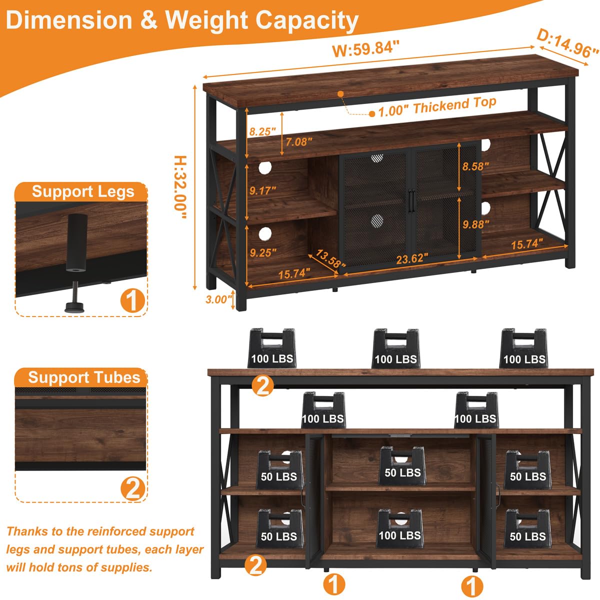 BON AUGURE Tall TV Stand for TVs up to 65 Inch, Industrial Wood Entertainment Center with Storage Cabinet, Farmhouse TV Media Console for Living Room and Bedroom (32 Inch High, Rustic Oak)