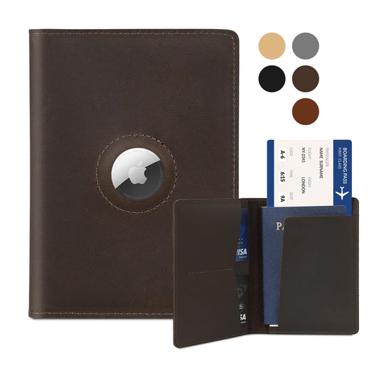 Airtag Passport Holder for Men and Women Travel, Real Leather Passport Wallet, Handmade Passport Cover Case with Airtag Slot, Travel Must Haves Essentials Accessories Birthday Gift(Crazy Horse,Coffee)