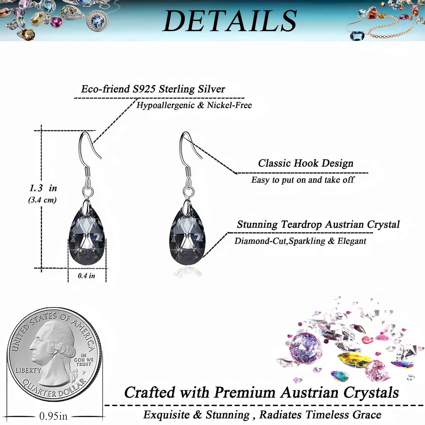 Austrian Crystal Teardrop Dangle Earrings for Women Drop Hook Earring 925 Sterling Silver Hypoallergenic Jewelry (Grey-Black)
