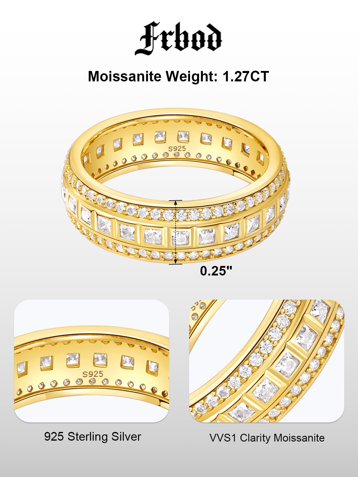 Frbod Womens Eternity Moissanite Band Yellow Gold Plated Diamond Ring for Men Chunky Engagement Rings Size 9
