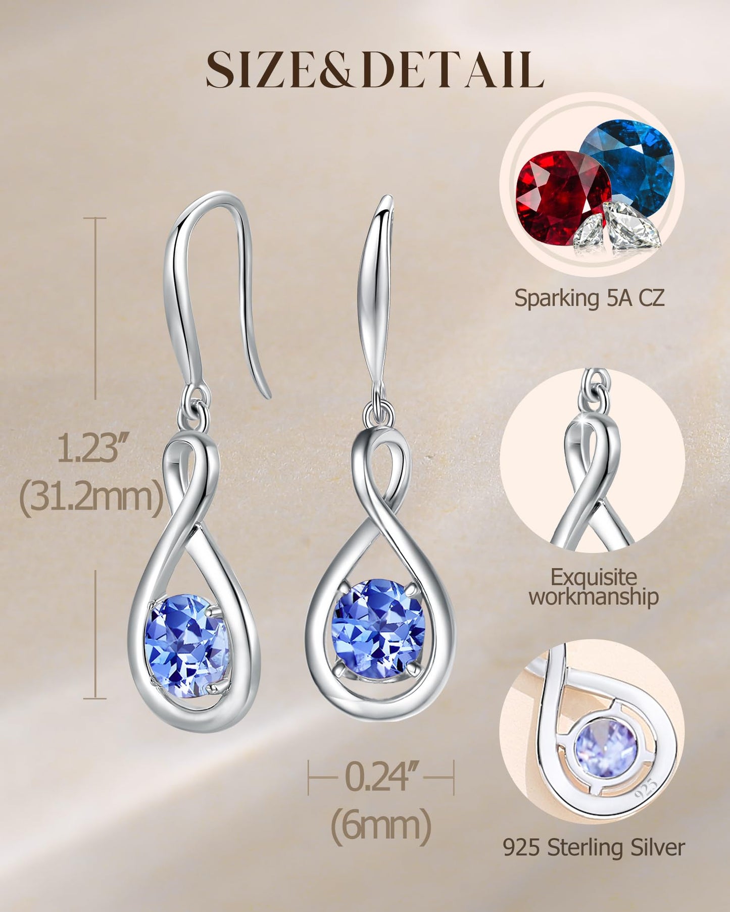FANCIME Tanzanite Dangle Drop Earrings 925 Sterling Silver Dainty Infinity Gemstone December Birthstone Earring Fine Jewelry Birthday Mothers Day Gifts for Mom Her Women