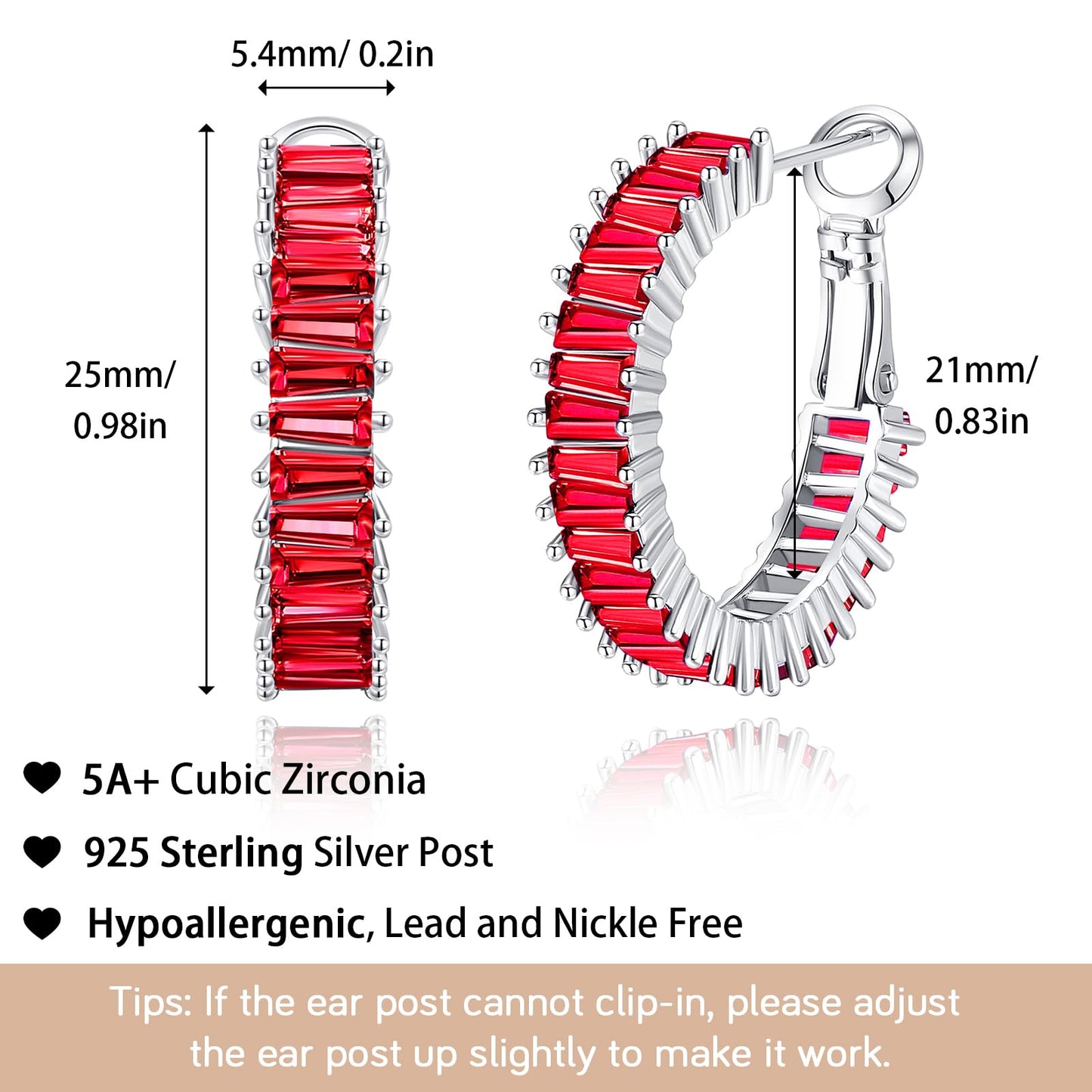 GLOQUAT Ruby Red Crystal Hoop Earrings White Gold Plated Red Earrings for Women 925 Sterling Silver Post Vintage Baguette Cubic Zirconia Round Circle Hoops for Women Trendy Rhinestone Jewelry 25mm
