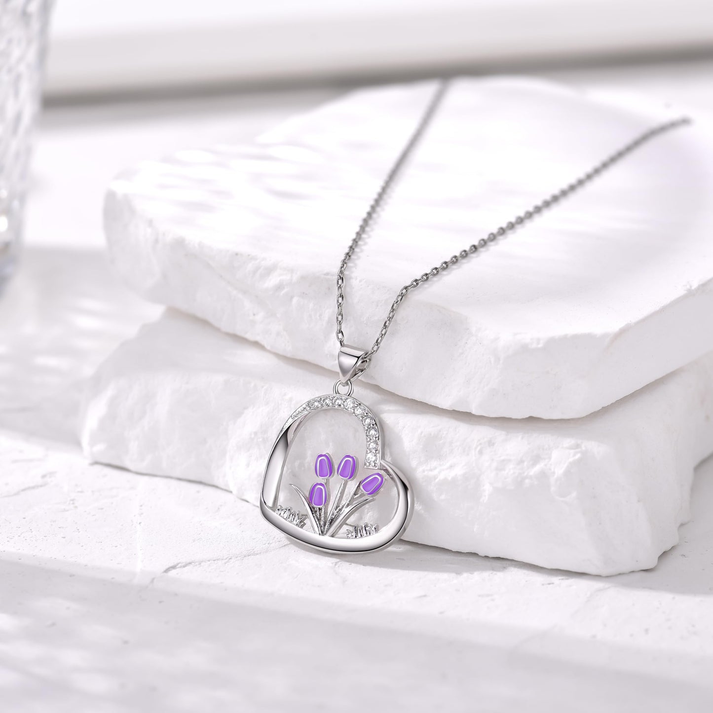 HELORET Flower Necklace Tulip/Sunflower/Daisy/Bee Pendant Necklaces Jewelry for Women Mom Gifts (Tulip Necklace-Purple)