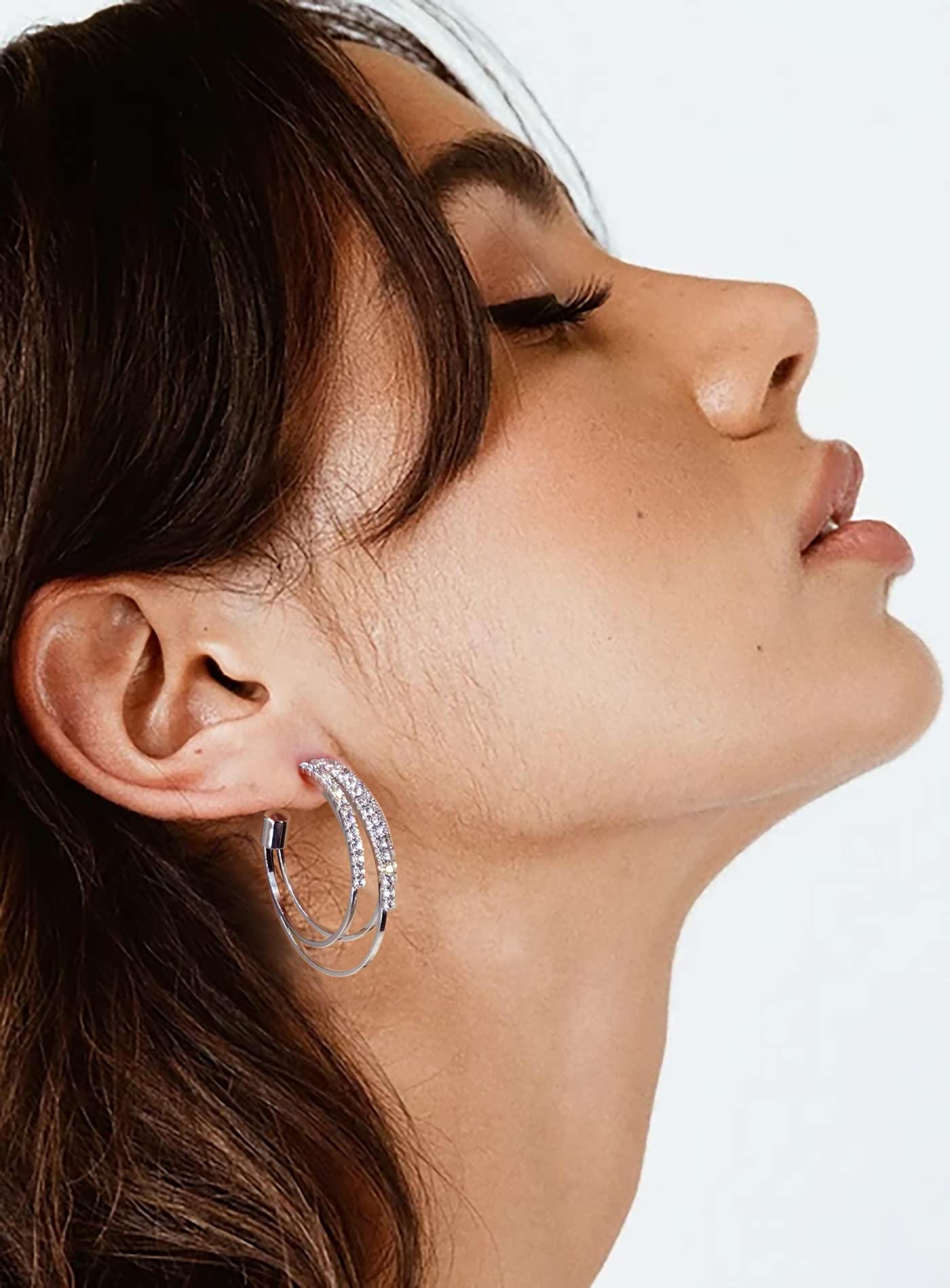 GLOQUAT Silver Plated Hoop Earrings for Women Trendy Triple Silver Earrings for One Hole Elegant Double Hoops Earring Lightweight and Hypoallergenic Sparkly Jewelry Gifts 30mm