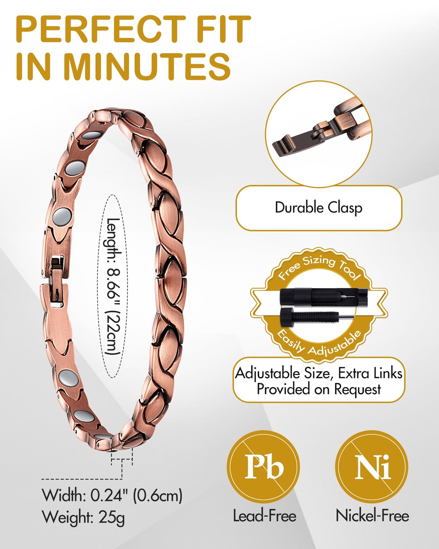 Feraco Copper Bracelet for Women 99.99% Solid Copper Magnetic Bracelets, Unique X Shape Links, Magnetic Field Therapy Jewelry Gifts (X Shape)