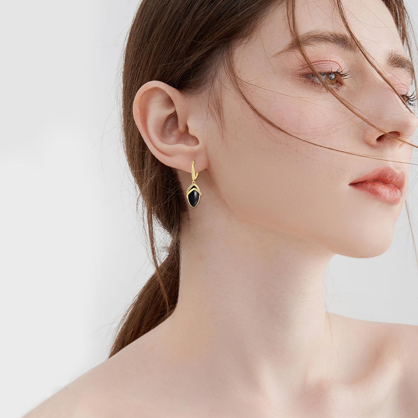 Black Onyx Drop Earrings for Women Sterling Silver 18K Yellow Gold Plated Filigree Black Onyx Dangle Leverback Earrings Jewelry Gifts