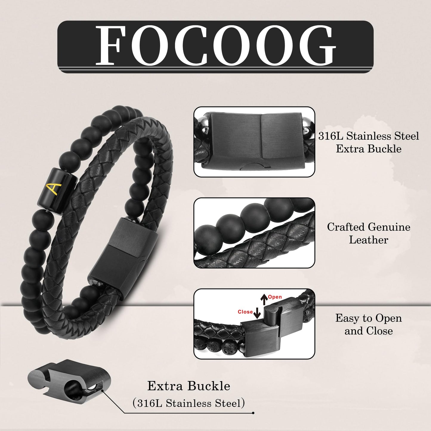 Leather Bracelets for Men with Initial - Men Gifts Matte Agate Bead Magnetic Clasp Gift for Husband Black Mens Leather Bracelets Men's Initial I Bracelet for Men's Jewelry Mens Gifts for Dad Husband