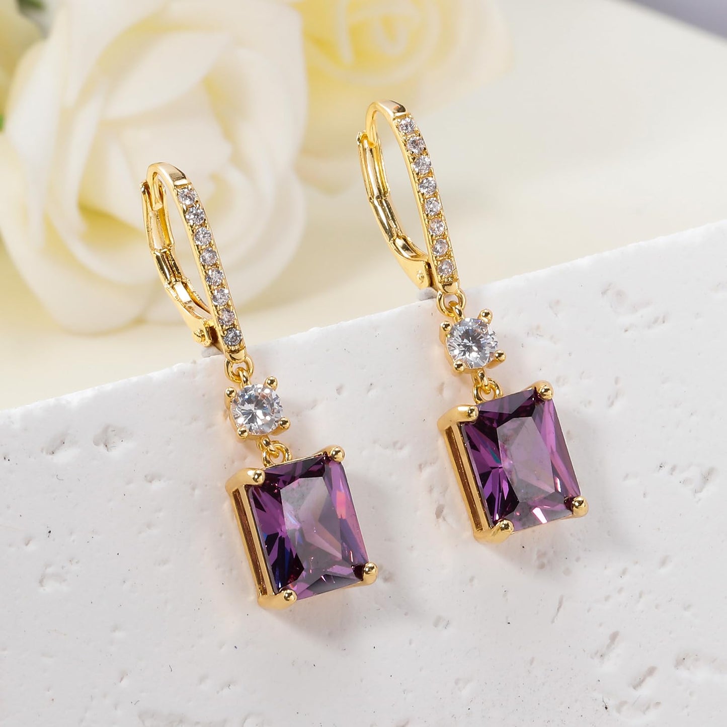 CiNily Leverback Earrings for Women Rectangular-cut Drop Dangle Earring Hypoallergenic, 14K Gold Plated Purple Cubic Zircon Earrings Diamond Dangle Ear Rings Jewelry Birthday