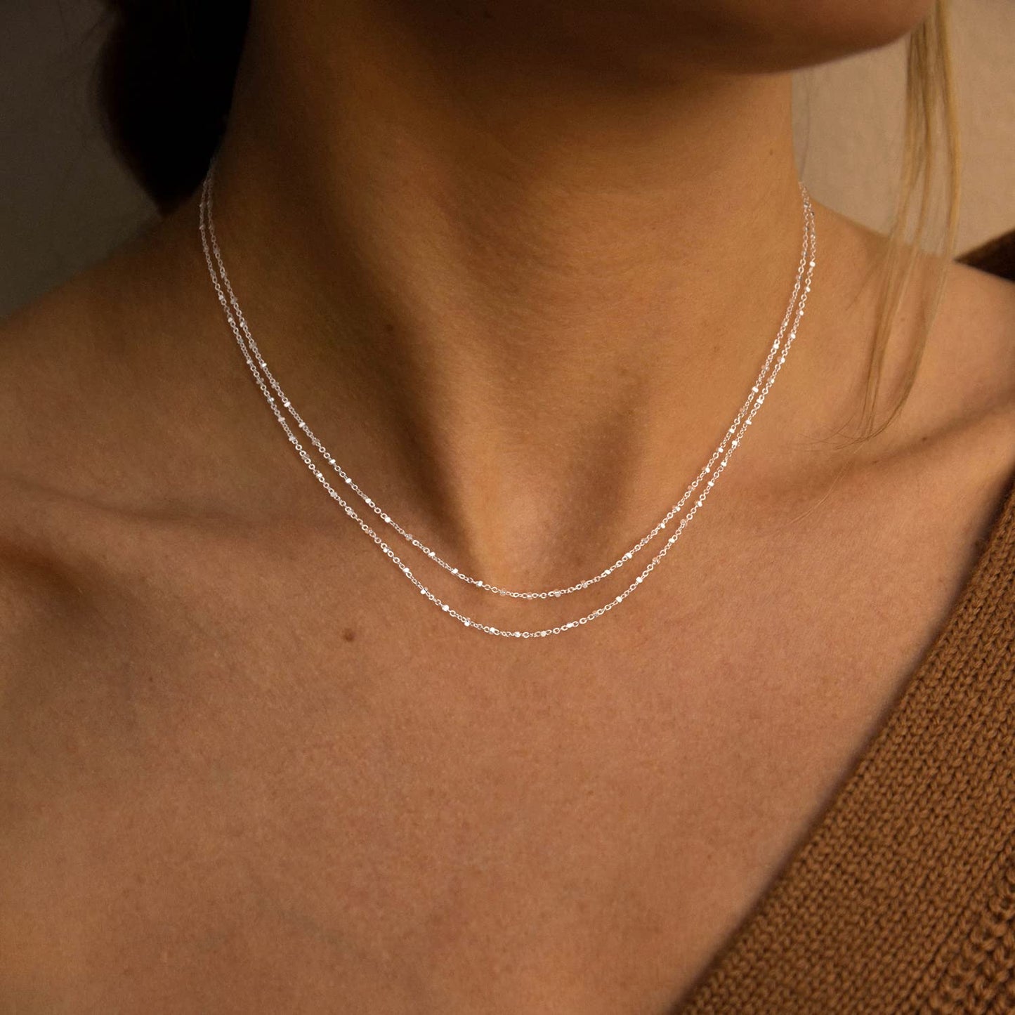 MBW Layered Necklaces for Women, Dainty Silver Plated Square Dot Choker Necklaces for Women Trendy Simple Silver Herringbone Thin Snake Chain Satellite Choker Necklace Silver Jewelry for Women