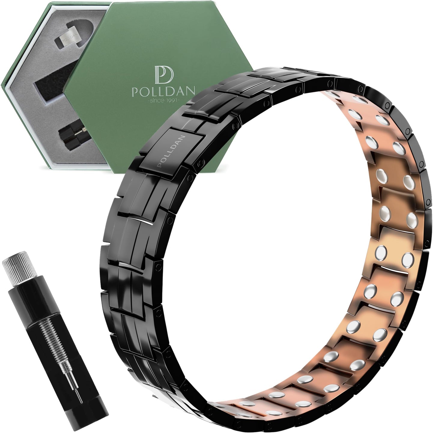 POLLDAN Copper Bracelet 6200 Gauss Power | Mens Bracelet 99.99% Pure Copper | Magnetic Bracelets for Men with Adjustable Fit & Sizing Tool | Stylish Jewelry | Magnet Gifts for Him (2X Black Copper)