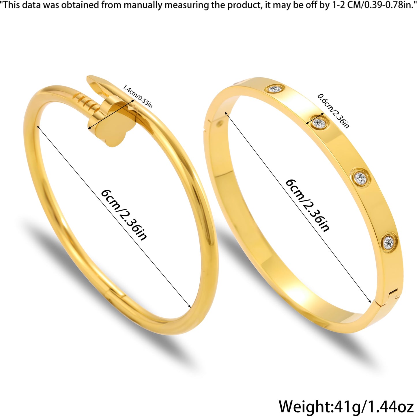 Acnode Gold Bangle Bracelets for Women -2PCS Friendship & Love Bangle Bracelet Clover Nail Bracelet Stack Set Trendy Non-Tarnish Stainless Steel Jewelry Gifts for Mom Wife Her