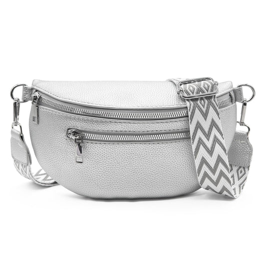 Long Keeper Crossbody Bags for Women Vegan Leather Trendy Sling Chest Bag with Adjustable Wide Strap Small Travel Fanny Pack (Silver)