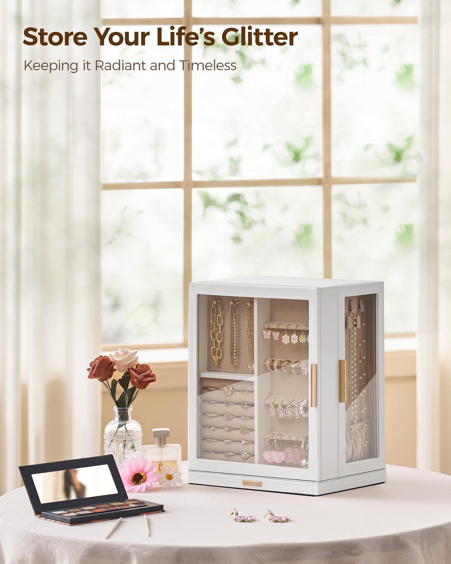 Glimmloop 360° Rotating Jewelry Box with 5 Drawers, Spacious Vertical Jewelry Organizer with Glass Window, Jewelry Storage Case, Dustproof & Moisture-resistant Design, White
