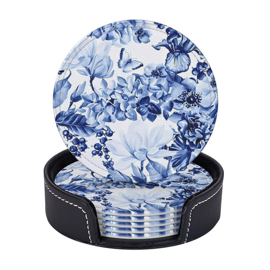 6 Pcs Blue and White Floral Leather Coasters for Drinks with Holder Coaster Sets Drink Table Cup Coasters for Living Room Kitchen Coffee Decor