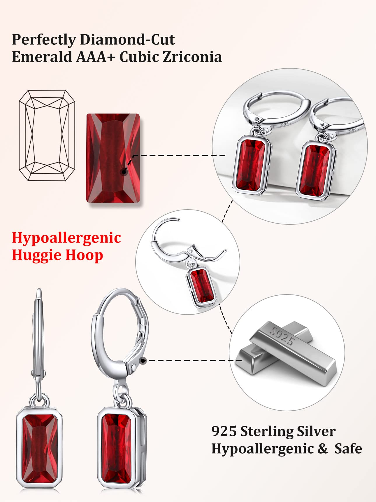 Bestyle Sterling Silver Rectangle July Birthstone Dangle Drop Earrings - Sparkle Ruby Red Drop Earrings for Women Dangling -Small Silver Huggie Hoop Earrings For Women | Trendy CZ Huggie Earrings