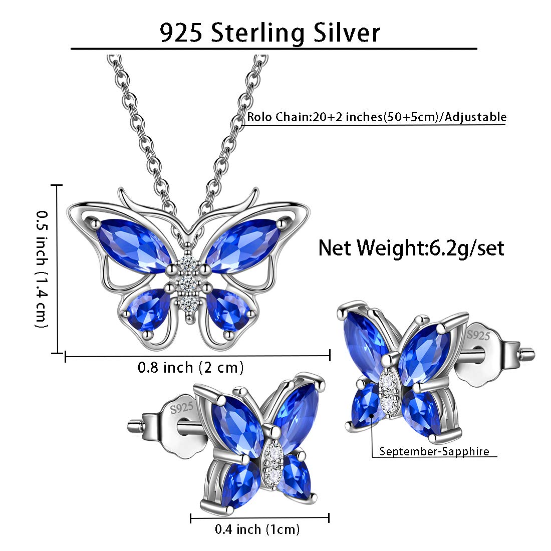 Hipunk Butterfly Blue Jewelry Sets Birthstone Women 925 Sterling Silver September-Sapphire Birth Stone Animal Butterflies Jewelry Sets/Earring Set Crystal Birthday Jewelry SS0001S