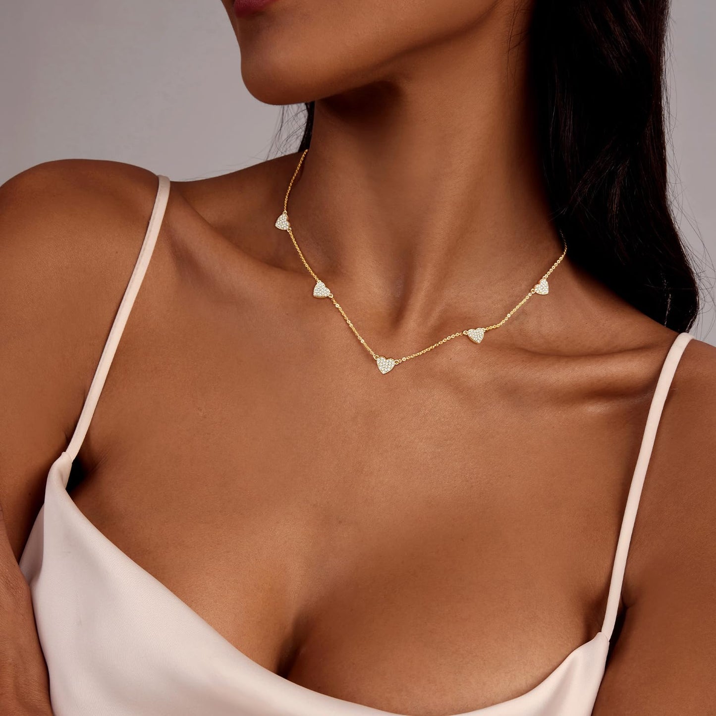 Zeffy CZ Heart Choker 14K Gold Plated Dainty Heart Diamond Charms Necklace Minimalist Trendy Jewelry Gift for Women