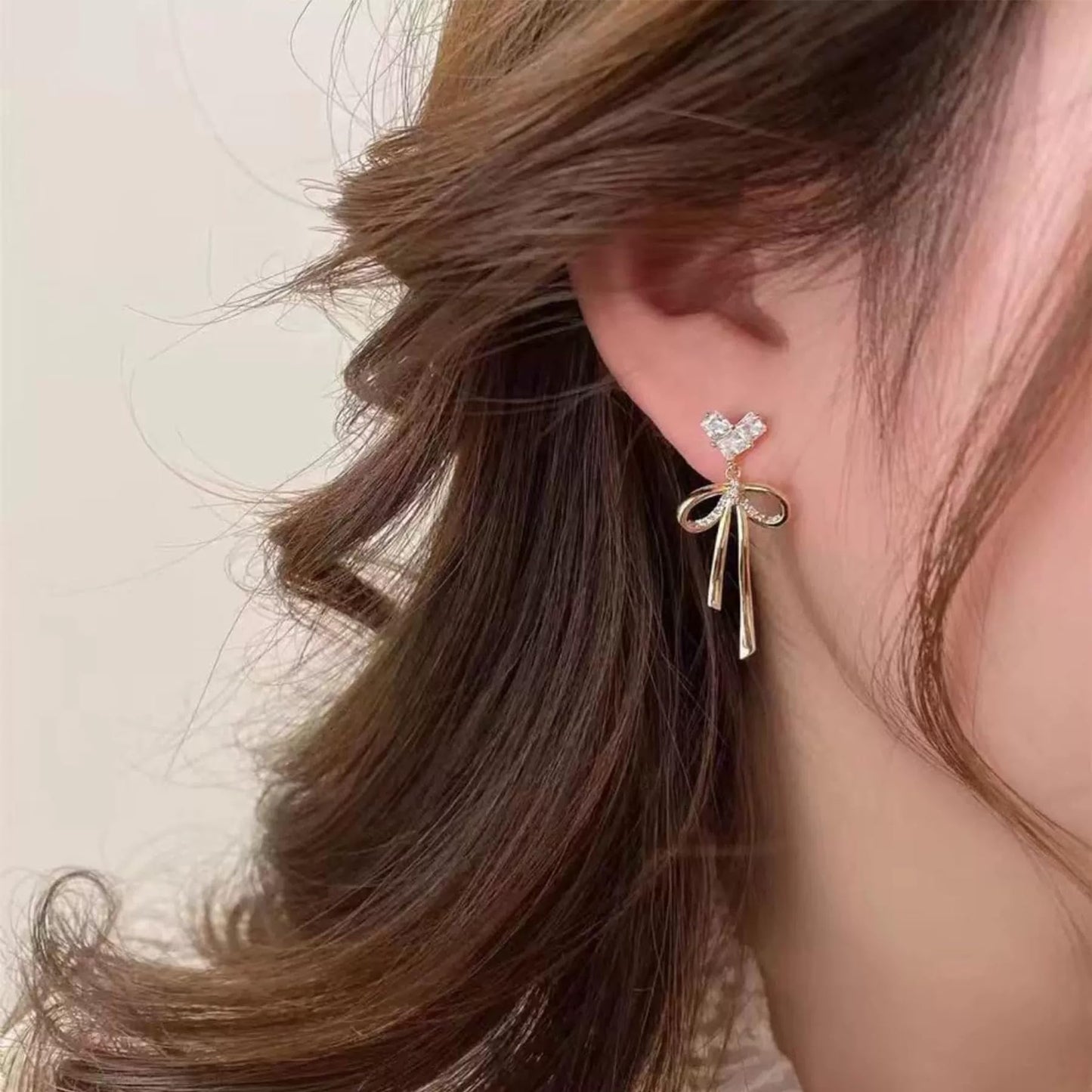 WASAIE Dainty Brass Bow Dangle Earrings for Women,14K Gold Plated Brass Elegance Love Heart Cubic Zirconian Bowknot Earrings for Prom Wedding Brides