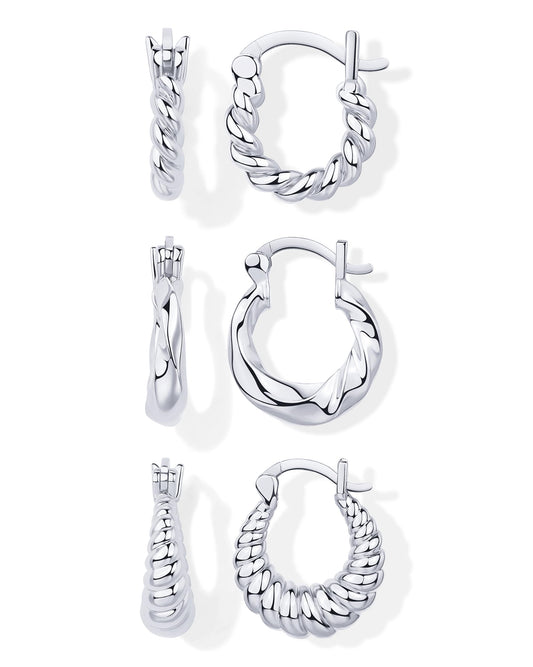 PAVOI Rhodium Plated 925 Sterling Silver Posts 3 Pairs Rope Twisted Hoop Earrings for Women - Three Set Chunky Huggie Pack - Earscape Piercings