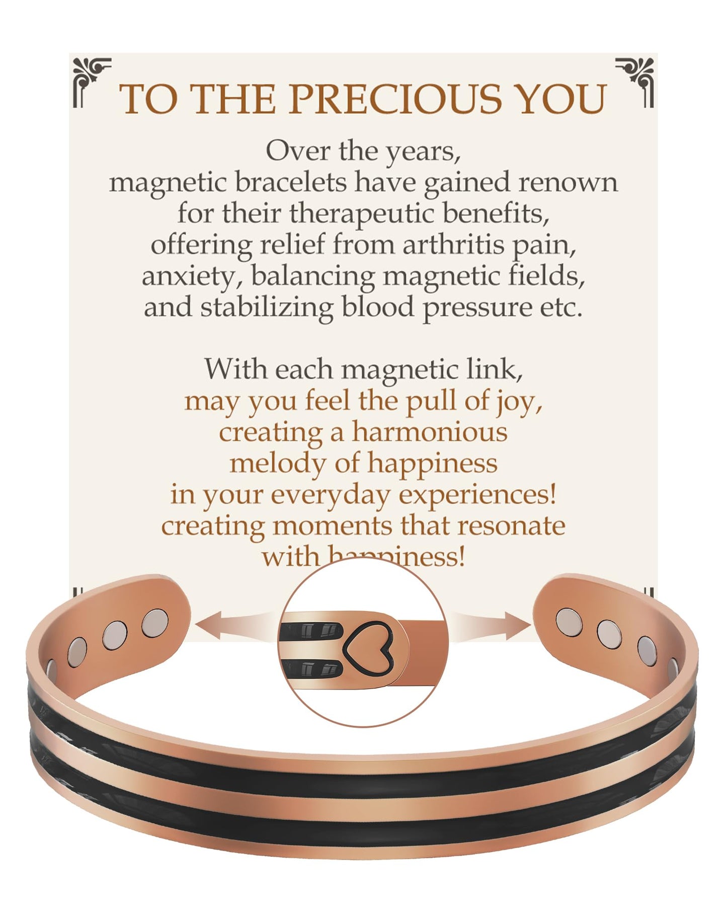 Feraco Copper Bracelet for Men Women, 12X Enhanced Strength Magnetic Bracelet with 3800 Gauss Neodymium Magnets, Pure Copper Cuff Bangle, Adjustable Jewelry Gift (Black Heartflow)