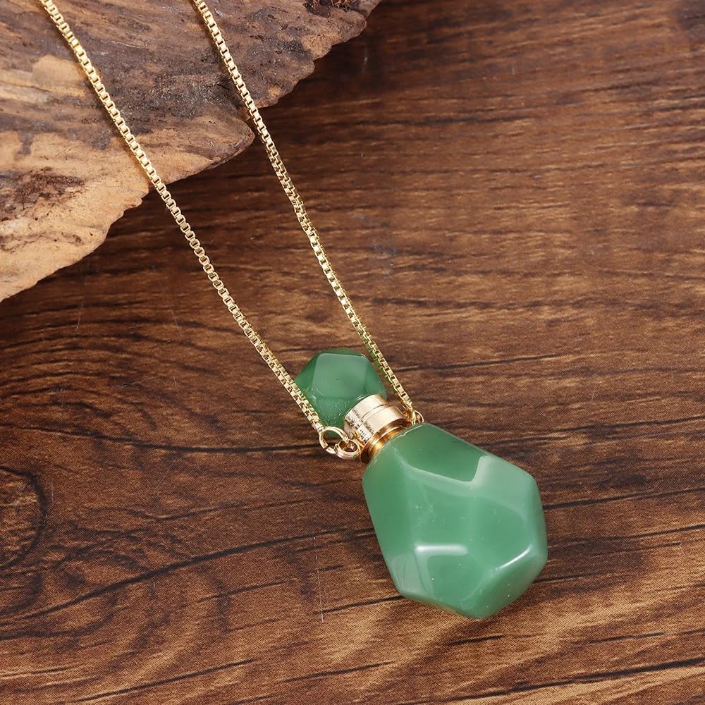 14K Yellow Gold Natural Stone Vial Necklace For Women - Glass Vial Pendant Water Drop Jar Perfume - Water Container Vial For Liquid Oil Diffuser Vial Jewelry