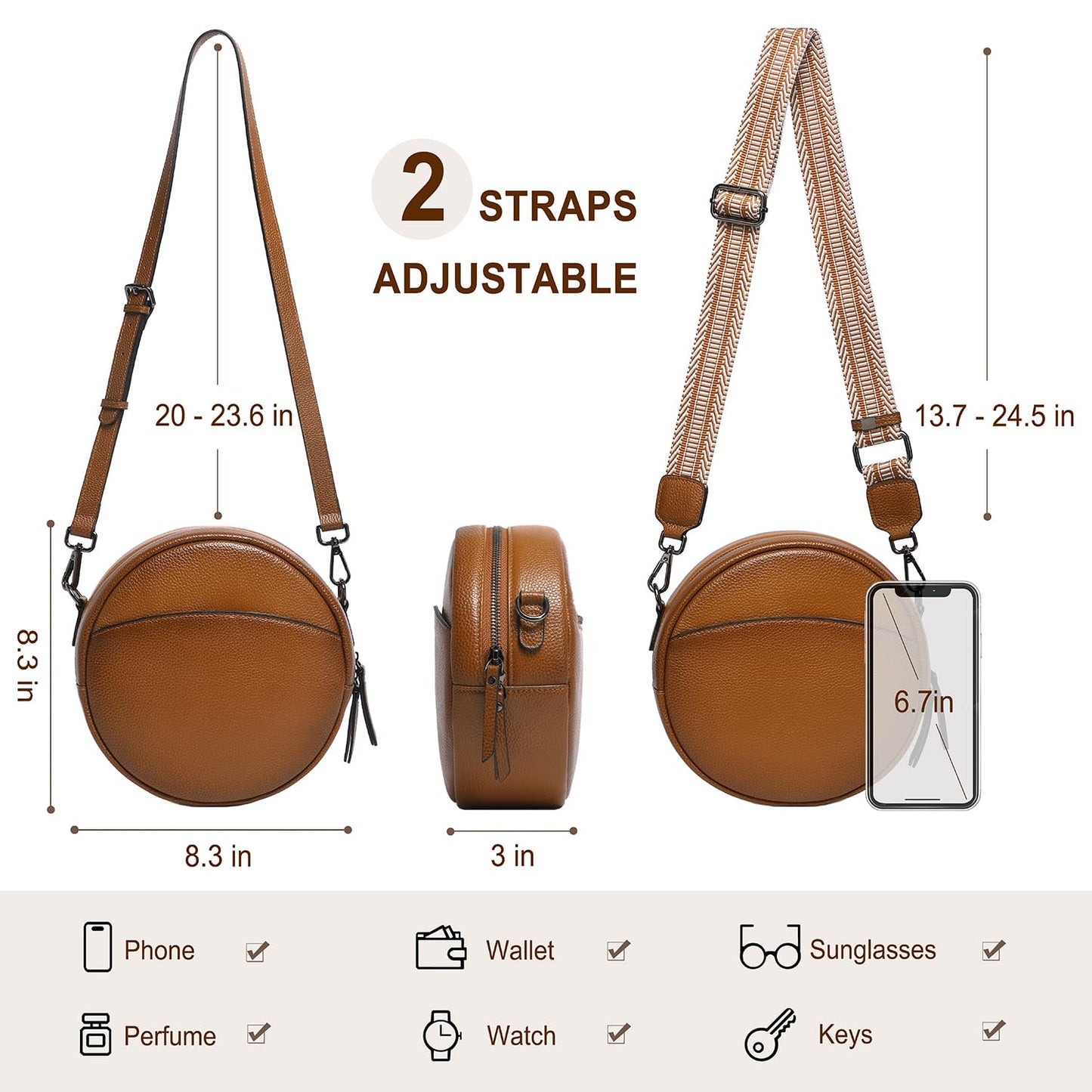 COOLCY Leather Crossbody Bags,Circle Purse Shoulder Bag, Fashion Round Handbag for Travel,Valentine's Gift for Women (Sorrel)