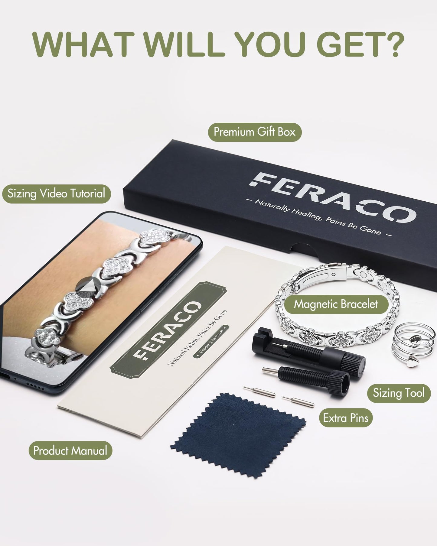 Feraco Pure Copper Bracelets & Rings for Women, Ultra Strength Magnetic Bracelet for Women with Neodymium Magnets & Sparkling Cubic Zirconia, Adjustable, Infinite Clover Jewelry (Silver)