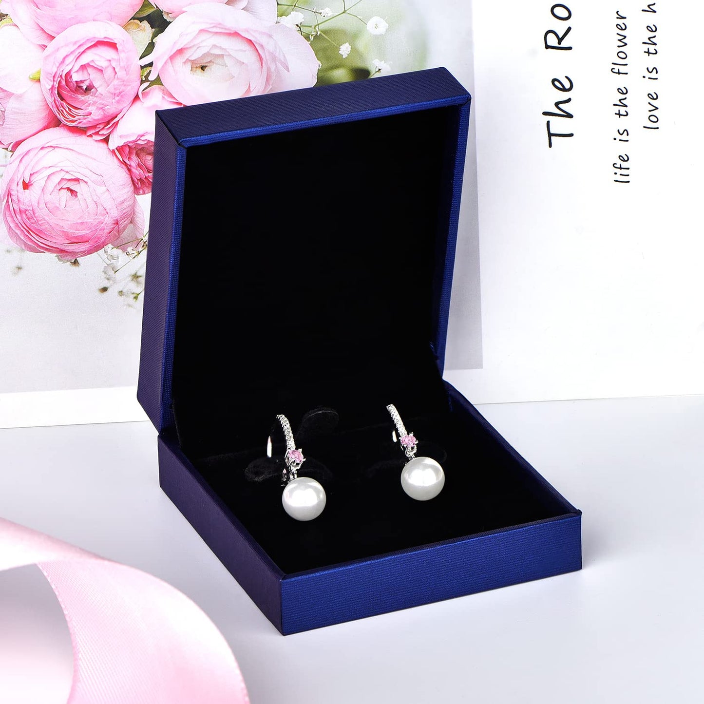 JO WISDOM Pearl Earrings,925 Sterling Silver 3A CZ March Birthstone Aquamarine Color 8mm Pearl Leverback Drop Earrings,Jewelry for Women
